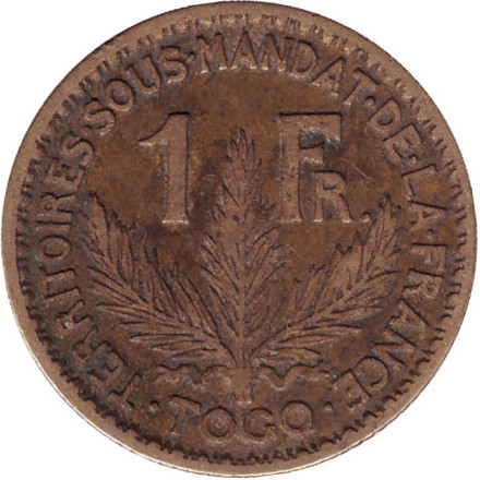 Монета 1 франк. 1925 год, Того.
