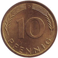 Дубовые листья. Монета 10 пфеннигов. 1978 год (G), ФРГ.