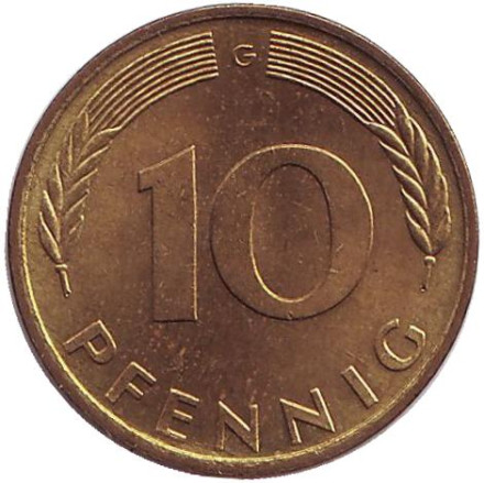 Монета 10 пфеннигов. 1978 год (G), ФРГ. Дубовые листья.