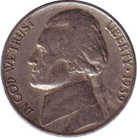 Джефферсон. Монтичелло. Монета 5 центов. 1939 год, США.