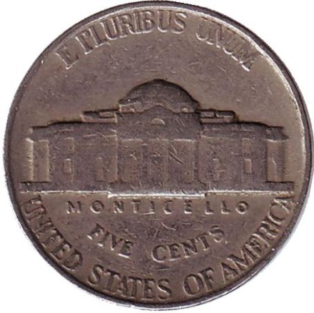 Монета 5 центов. 1939 год, США. Джефферсон. Монтичелло. Монета 5 центов. 1939 год, США. Джефферсон. Монтичелло.
