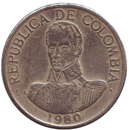 Монета 1 песо. 1980 год, Колумбия. Симон Боливар.