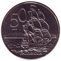 Парусник "Endeavour". Монета 50 центов, 1987 год, Новая Зеландия.