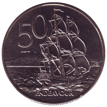 Монета 50 центов, 1987 год, Новая Зеландия. Парусник "Endeavour".