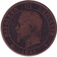 Наполеон III. Монета 10 сантимов. 1861 год (A), Франция. 