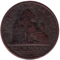 Монета 2 сантима. 1875 год, Бельгия. 
