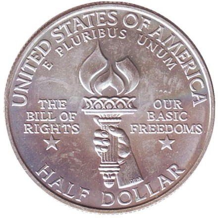 Монета 50 центов (W). 1993 год, США. Билль о правах. Джеймс Мэдисон. Монета 50 центов (W). 1993 год, США. Билль о правах. Джеймс Мэдисон.