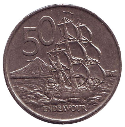 Монета 50 центов, 1976 год, Новая Зеландия. Парусник "Endeavour".