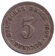 Монета 5 пфеннигов. 1907 год (D), Германская империя. Монета 5 пфеннигов. 1907 год (D), Германская империя.