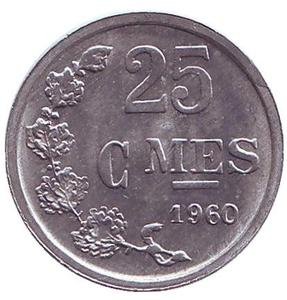 Монета 25 сантимов. 1960 год, Люксембург. UNC.