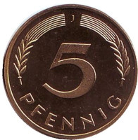 Дубовые листья. Монета 5 пфеннигов. 1981 год (J), ФРГ. UNC.
