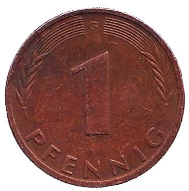 Монета 1 пфенниг. 1974 год (G), ФРГ. Дубовые листья.