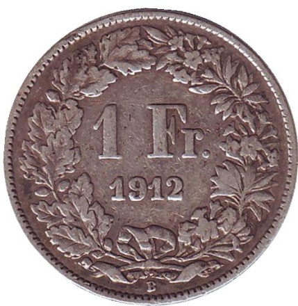 Монета 1 франк. 1912 год, Швейцария. Гельвеция.