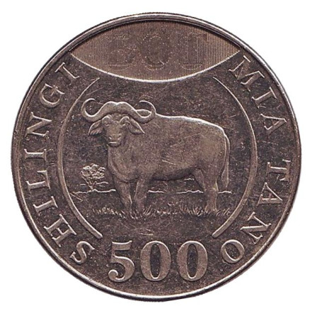 Монета 500 шиллингов. 2014 год, Танзания. Из обращения. Буйвол.