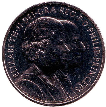 Монета 5 фунтов. 2007 год, Великобритания. 60-летие бракосочетания королевы Елизаветы.