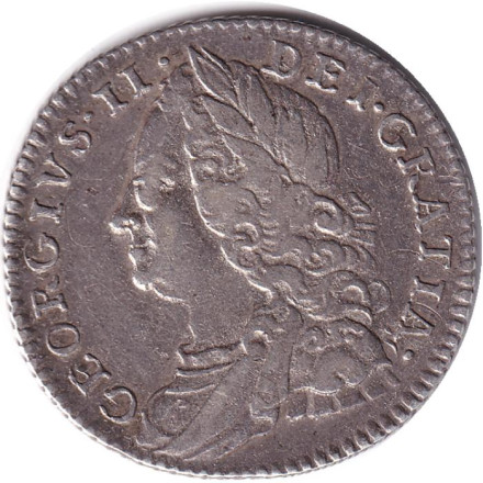 Монета 6 пенсов. 1758 год, Великобритания.