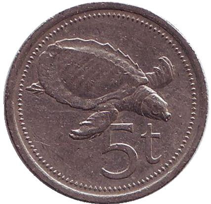 Монета 5 тойа, 1987 год, Папуа-Новая Гвинея. Свиноносая черепаха.