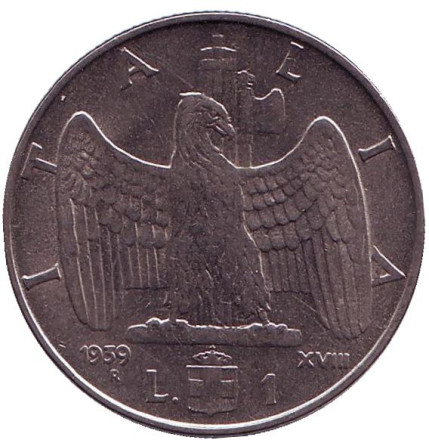 Монета 1 лира. 1939 год (XVIII), Италия. (Немагнитная) Орёл.