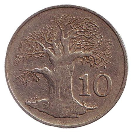 Монета 10 центов. 1988 год, Зимбабве. Баобаб.