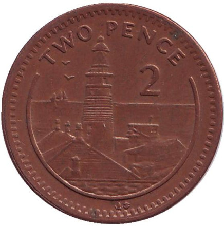 Монета 2 пенса. 1995 год, Гибралтар. (Отметка "AB", Магнитная) Маяк.