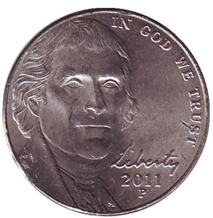 Монета 5 центов. 2011 год (P), США. Джефферсон. Монтичелло.