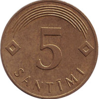 Монета 5 сантимов, 2007 год, Латвия.