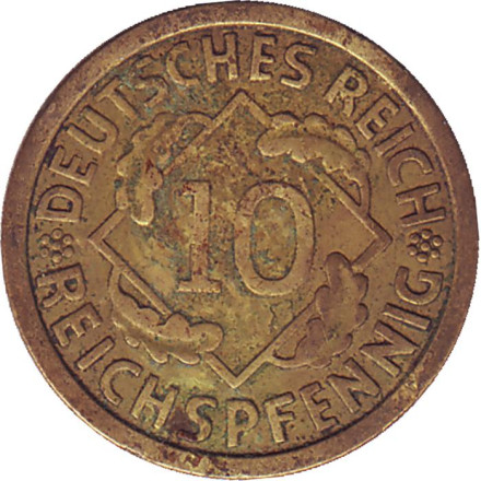 Монета 10 рейхспфеннигов. 1935 (G) год, Веймарская республика.