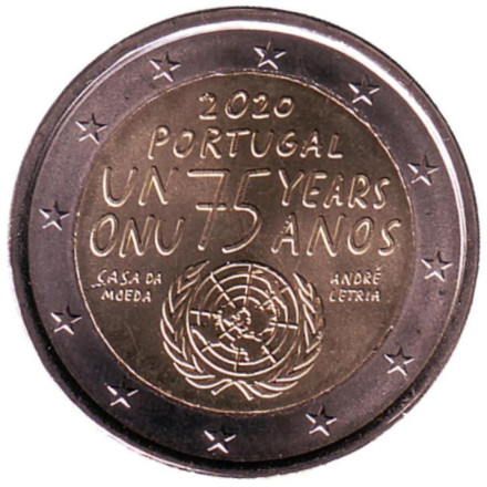 Монета 2 евро. 2020 год, Португалия. 75 лет ООН.