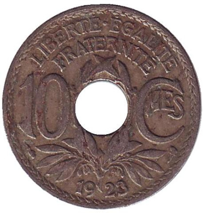 Монета 10 сантимов. 1923 год, Франция. (рог изобилия)