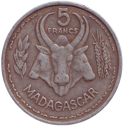 Монета 5 франков. 1953 год, Мадагаскар. Буйволы.