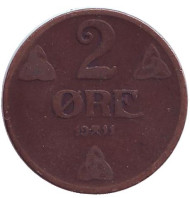 Монета 2 эре. 1911 год, Норвегия. Монета 2 эре. 1911 год, Норвегия.