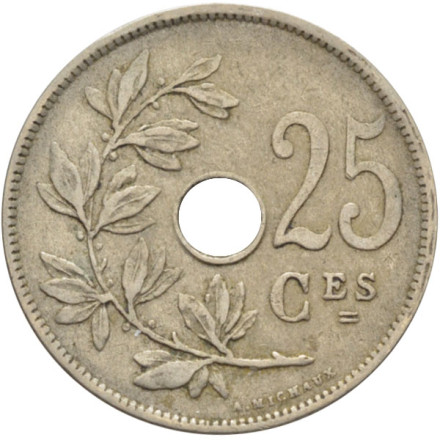 Монета 25 сантимов. 1926 год, Бельгия. (Belgique)