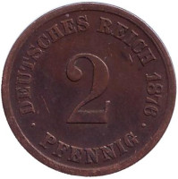 Монета 2 пфеннига. 1876 год (А), Германская империя.