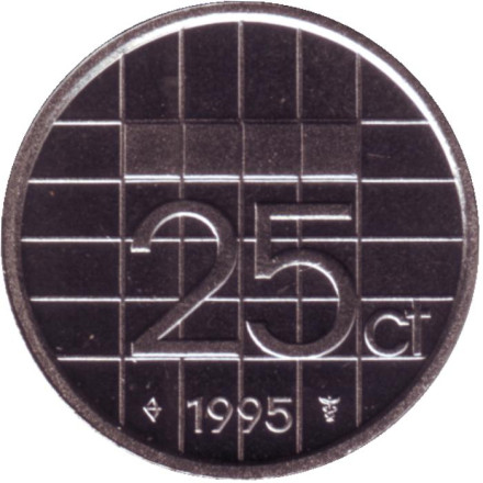 Монета 25 центов. 1995 год, Нидерланды. BU.