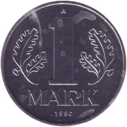 Монета 1 марка. 1980 год (A), ГДР. BU.