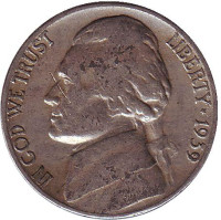 Джефферсон. Монтичелло. Монета 5 центов. 1939 год (S), США.