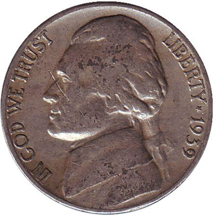 Монета 5 центов. 1939 год (S), США. Джефферсон. Монтичелло.