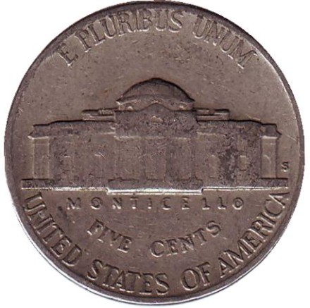 Монета 5 центов. 1939 год (S), США. Джефферсон. Монтичелло. Монета 5 центов. 1939 год (S), США. Джефферсон. Монтичелло.