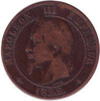 Наполеон III. Монета 10 сантимов. 1862 год (BB), Франция. 
