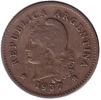 Монета 10 сентаво. 1937 год, Аргентина.