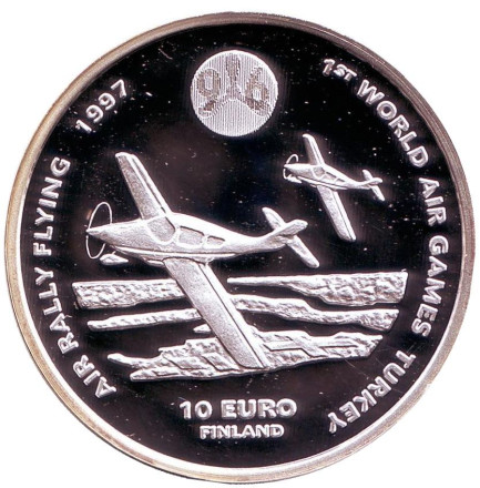 Монета 10 евро. 1996 год, Финляндия. Всемирные воздушные игры в Турции. Малая авиация.