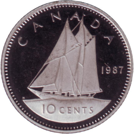 Монета 10 центов. 1987 год, Канада. (Proof). Парусник.