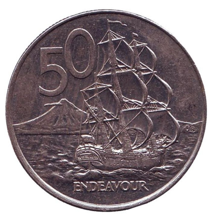 Монета 50 центов. 2002 год, Новая Зеландия. Парусник "Endeavour".