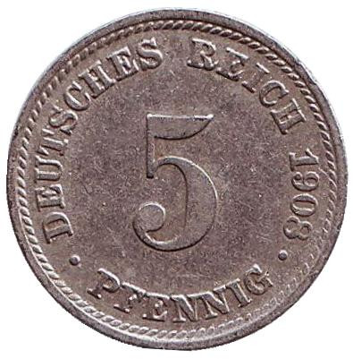Монета 5 пфеннигов. 1908 год (D), Германская империя.