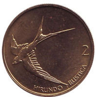 Деревенская ласточка. Монета 2 толара. 1998 год, Словения.