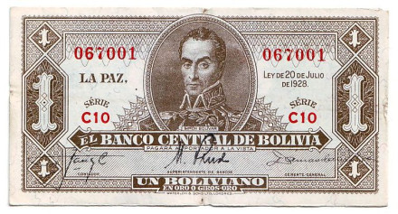 Банкнота 1 боливиано. 1928 год, Боливия. Номер 128а(8). Симон Боливар.