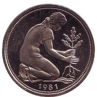 Женщина, сажающая дуб. Монета 50 пфеннигов. 1981 (J) год, ФРГ.