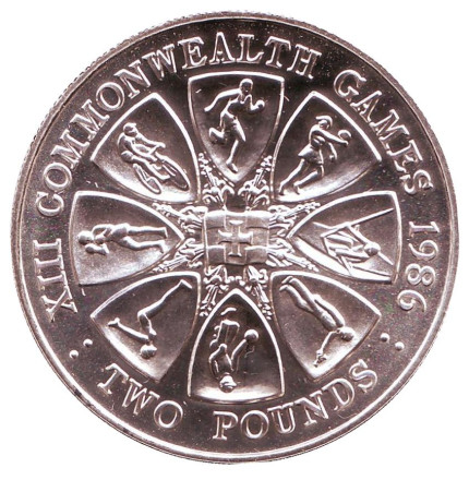 Монета 2 фунта. 1986 год, Гернси. Серебро. XIII Игры Содружества.