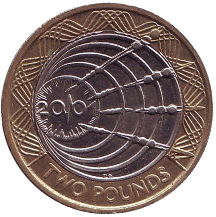 Монета 2 фунта. 2001 год, Великобритания. Столетие трансатлантическому радио.