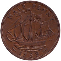 "Золотая лань". Монета 1/2 пенни. 1959 год, Великобритания.